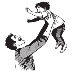 A father joyfully lifts his son into the air, both smiling and enjoying a moment of play