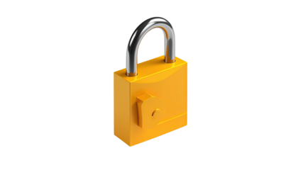 Yellow padlock, chrome shackle, isolated against black backdrop