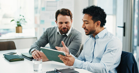 Tablet, team and business men with discussion, insurance proposal or conversation in office....