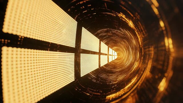 Digital data flowing through abstract light tunnel background