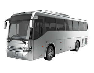 Silver bus isolated, front-three-quarters view, angled right