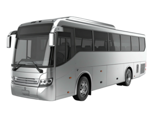 Silver bus isolated, front-three-quarters view, angled right