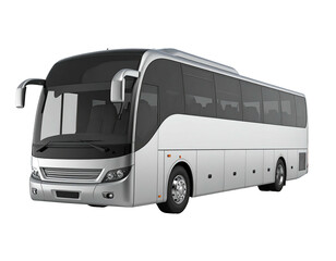 Silver, large passenger bus with tinted windows stands ready