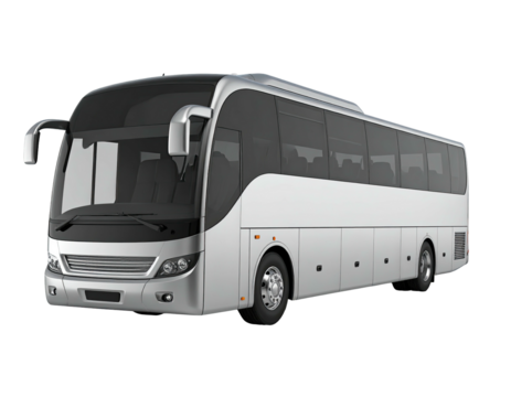 Silver, large passenger bus with tinted windows stands ready