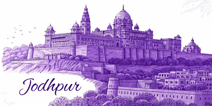 Jodhpur Skyline Line Art Featuring Mehrangarh Fort, Jaswant Thada, Umaid Bhawan Palace | Rajasthan Travel Artwork for Posters, Gifts and Tourism Promotion
