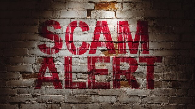 A textured brick wall with bold red text reading "SCAM ALERT," conveying a warning about fraudulent activities.
