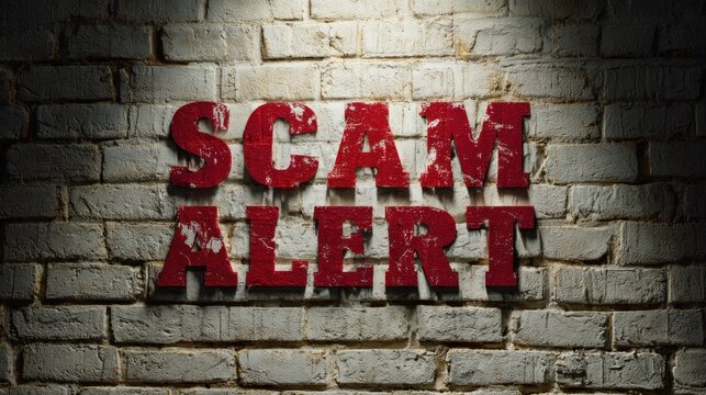 A bold "SCAM ALERT" sign displayed against a textured brick wall, highlighting the importance of vigilance against fraud.