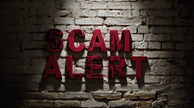 A textured wall with the words "SCAM ALERT" prominently displayed in bold, red lettering, conveying a warning about fraudulent activities.