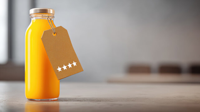 A glass bottle with orange liquid and a tag hanging in front 