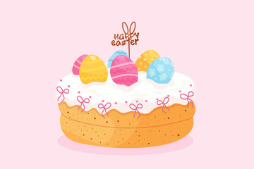 Easter cake with eggs decorated with bows, sprinkles. Easter celebration, bakery promotions and holiday invitations. Easter celebration vector.