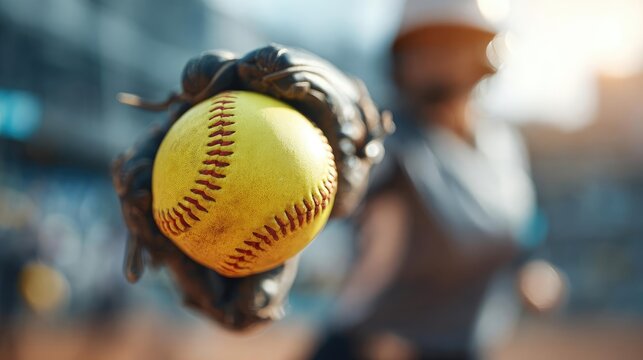 Softball pitcher hand releasing fastball concept. Close-up of a softball held in a glove during a game.