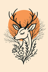 A serene deer, its eyes closed in peaceful slumber. Its antlers branch out like winter trees against a warm sun. This minimalist line art blends wildlife & botanicals for a truly soulful, boho design