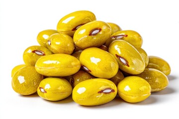 Yellow beans piled together, showcasing their glossy surface and distinct shape, emphasizing freshness and vibrant color in a clean, minimalistic setting