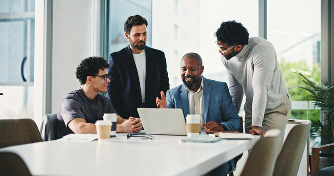 Business men, meeting and discussion with laptop, happy and planning with financial review. Team, people and smile with computer, group or collaboration with insight for investment strategy at agency