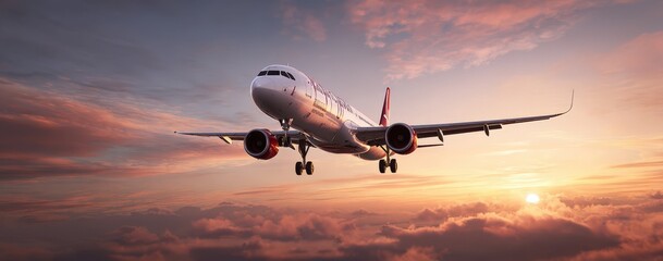 Obraz premium Airplane flying through colorful sunset sky, with clouds illuminated by warm light, showcasing the beauty of aviation and travel in a serene atmosphere