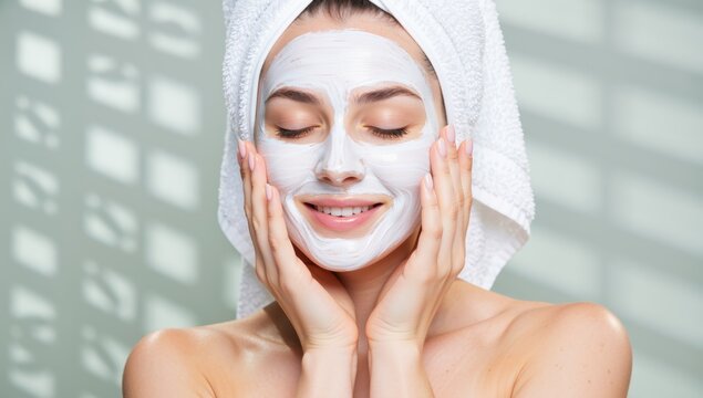 Beautiful young woman with facial mask and towel on head touching her face with closed eyes smiling