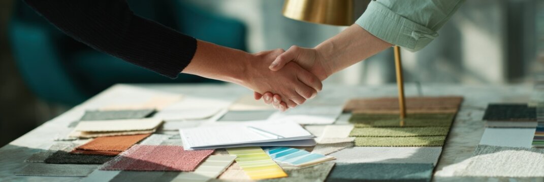 Two hands shake over a table filled with fabric swatches and color samples, symbolizing collaboration and agreement in a creative environment.