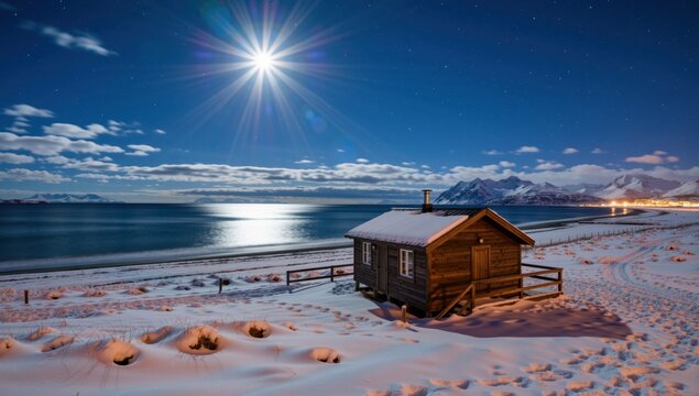 Wooden cabin covered in snow under the moonlight in norway with mountains and sea in the background - Powered by Adobe