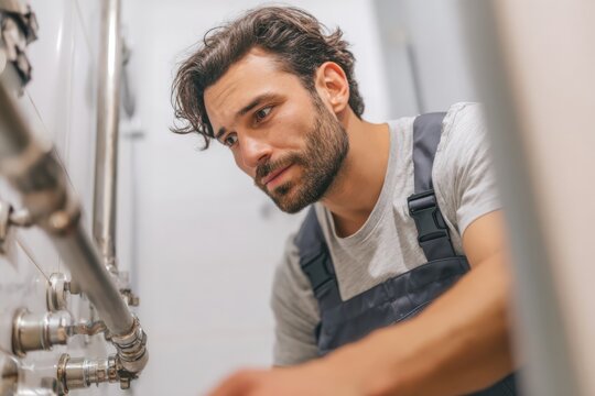 Skilled man in gray overalls is focused on plumbing work, inspecting pipes and fittings in a modern bathroom, showcasing expertise in maintenance and repair tasks