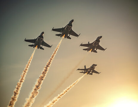 Powerful Military Aircraft Display in Formation at Sunset