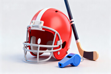 Three glossy 3D sports items: a red football helmet, a blue whistle, and a hockey stick, arranged on a clean white surface.