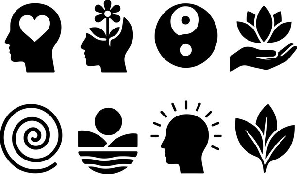 Mindfulness and wellness icons: silhouette symbols for meditation and balance