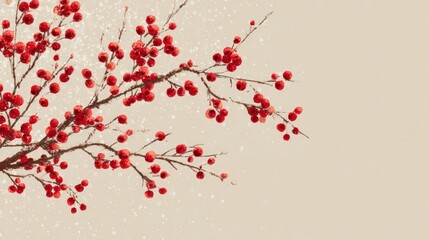 Fototapeta premium A delicate branch adorned with bright red berries against a soft beige background, evoking a serene winter atmosphere.