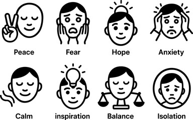 Minimalist emotion icons: peace, fear, hope, anxiety, calm, inspiration, balance, isolation