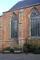 Pieterskerkhof Square with Benches and Church Windows in Leiden, Netherlands