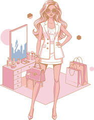 Fashion Doll Vector Illustration in Pastel Pink and White, Posing in a Studio Setting with Vanity and Shopping Bags