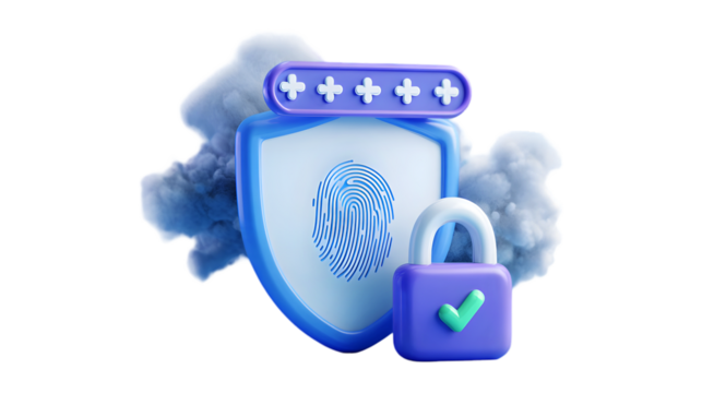 3D Security Shield with Fingerprint and Lock Icon in Cloud Environment for Data Protection