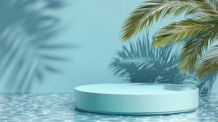 Obraz premium A serene, tropical scene featuring a round platform on water, surrounded by lush palm leaves against a light blue backdrop.