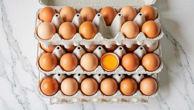Overhead shot of brown eggs in a cardboard egg carton, one egg is cracked open on marble table - Powered by Adobe
