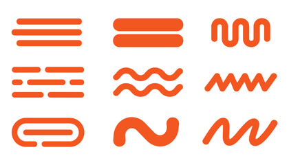 Nine abstract orange graphic elements on white background including lines waves and curves vector