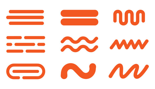 Nine abstract orange graphic elements on white background including lines waves and curves vector