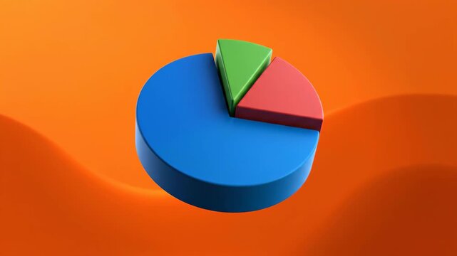Three dimensional pie chart with blue red and green segments against orange