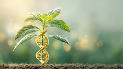 A small plant with leaves spiraling like a DNA helix, symbolizing growth and genetic innovation in a softly lit environment.