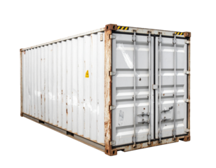 Industrial Cargo Container with Rust and Warning Signs