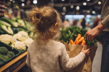 Young child with curly hair holding a paper bag filled with fresh carrots, standing in a vibrant grocery store surrounded by various vegetables and produce, showcasing healthy eating habits