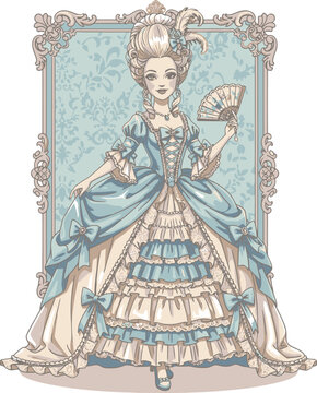 Doll Wearing a Dress Vector Illustration - Elegant Rococo Woman in Historical Gown