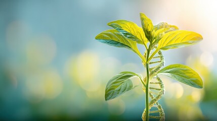 A vibrant green plant with DNA strands integrated into its structure, symbolizing the fusion of nature and science.