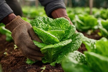 African American man wearing gloves is harvesting fresh lettuce in a lush green field, showcasing agricultural practices and the importance of sustainable farming methods