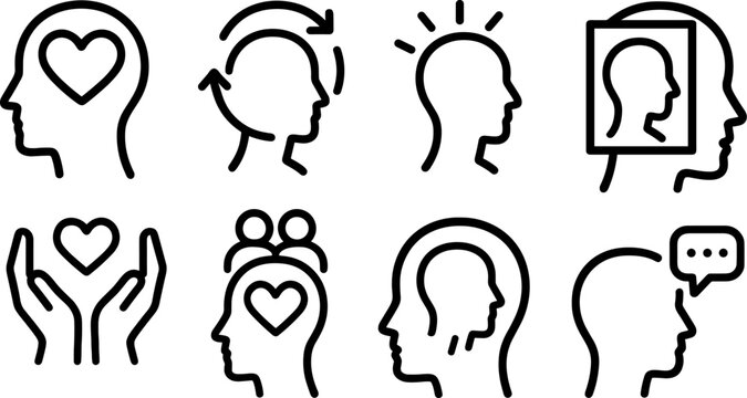 Minimalist mental health icons: wellness, empathy, self-reflection, care, mindfulness