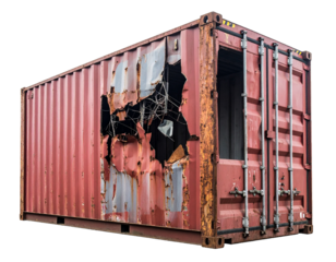 Industrial Cargo Container with Rust and Warning Signs