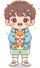 Kawaii Boy with Fox Vector Illustration - Cute Chibi Child Holding Animal Toy