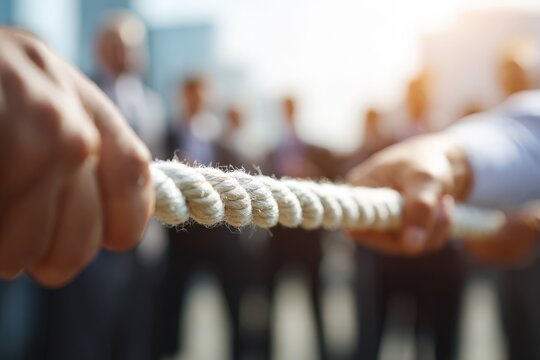 Group of business professionals engaged in a competitive tug of war, showcasing teamwork and determination, with blurred figures in the background and sunlight illuminating the scene