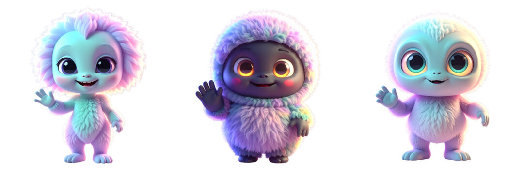 Fluffy 3D Cartoon Alien Waving Hello with One Arm, Cute Expression, Isolated on Transparent Background