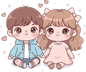 Kawaii Couple Vector Illustration - Cute Chibi Boy and Girl Holding Hands Character
