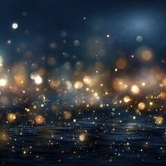 Naklejka premium Abstract bokeh lights shimmering in a dark background, creating a magical atmosphere with golden and blue hues, perfect for festive celebrations or artistic designs