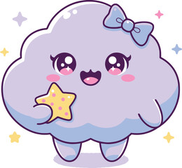 Kawaii Mascot Cloud Vector Illustration - Cute Character Holding Star with Bow